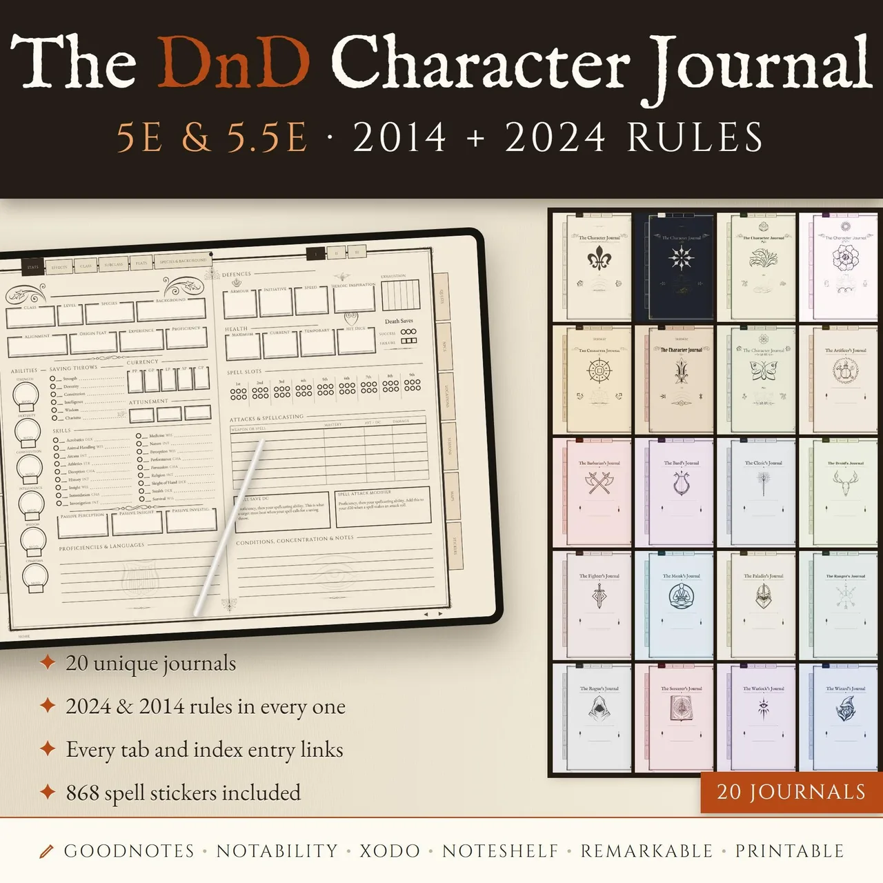 Printable and digital DnD character journals with spell stickers for GoodNotes and 5e play