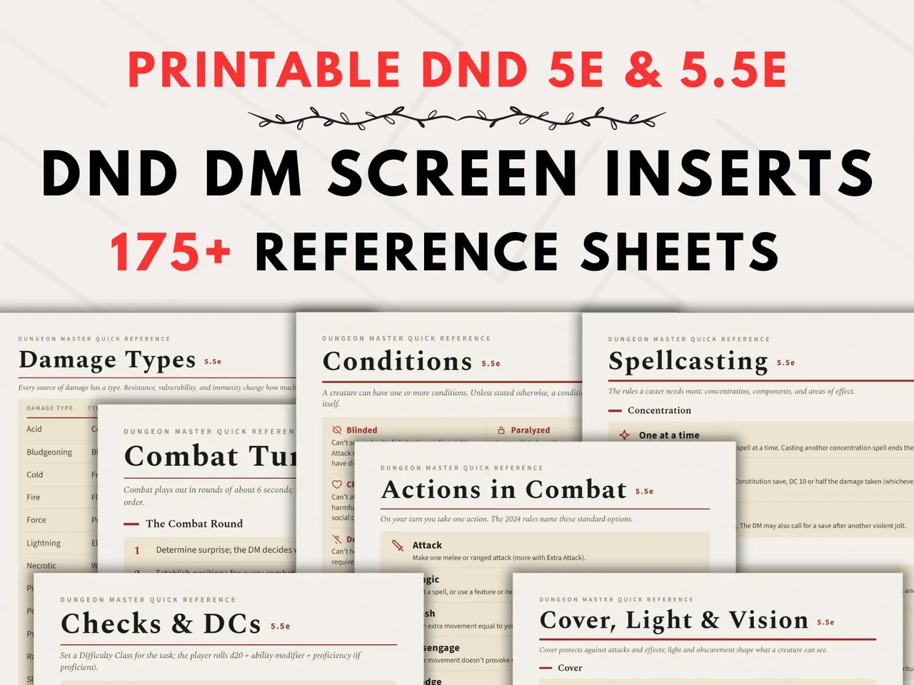 Printable DnD DM screen inserts and cheat sheets for 2014 and 2024 rules