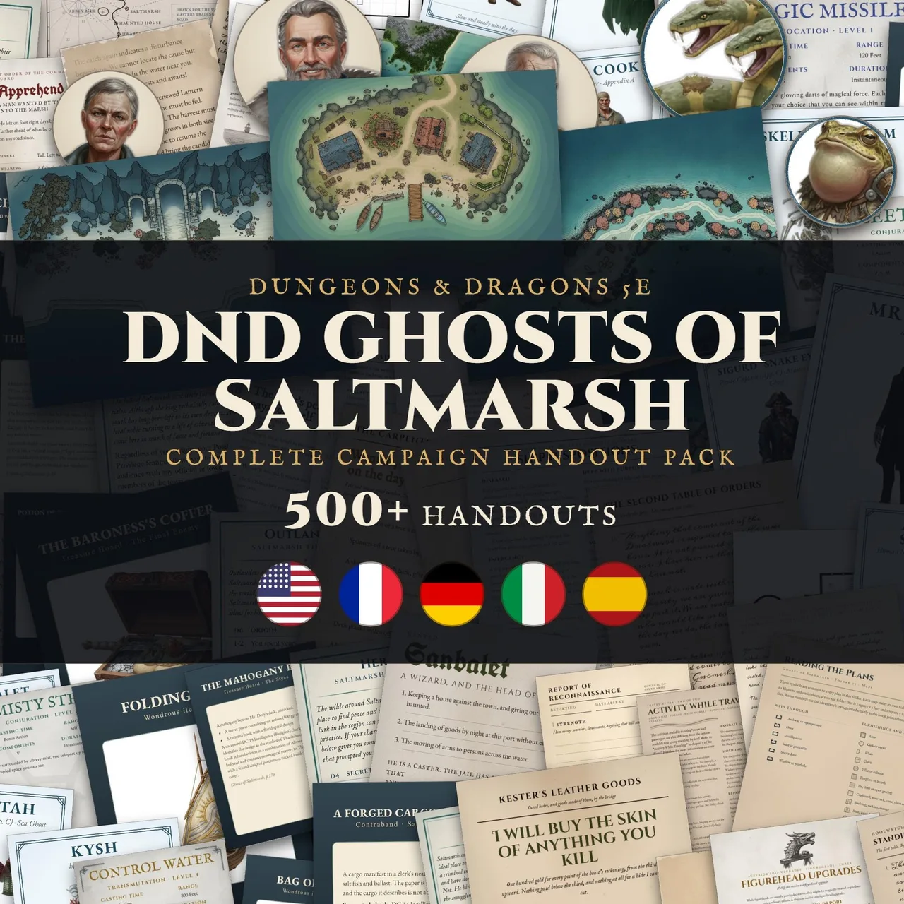 Printable Ghosts of Saltmarsh handout bundle with props, ship battlemaps, NPC cards and maps for D&D 5e