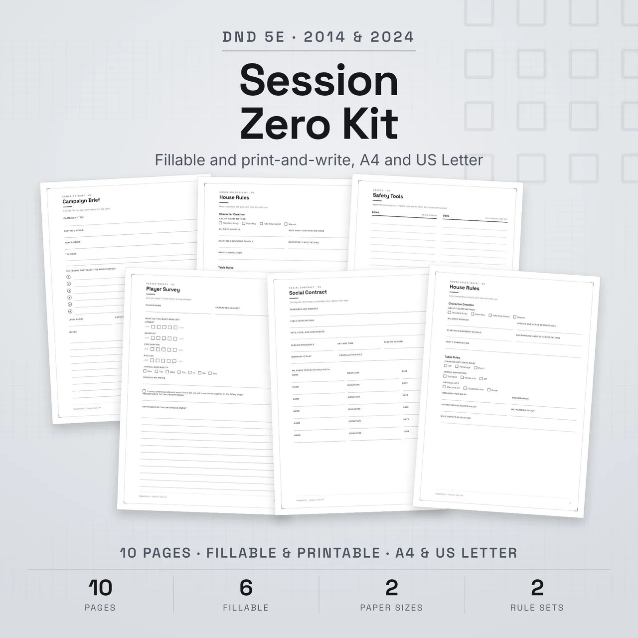Fillable and printable D&D session zero kit worksheets
