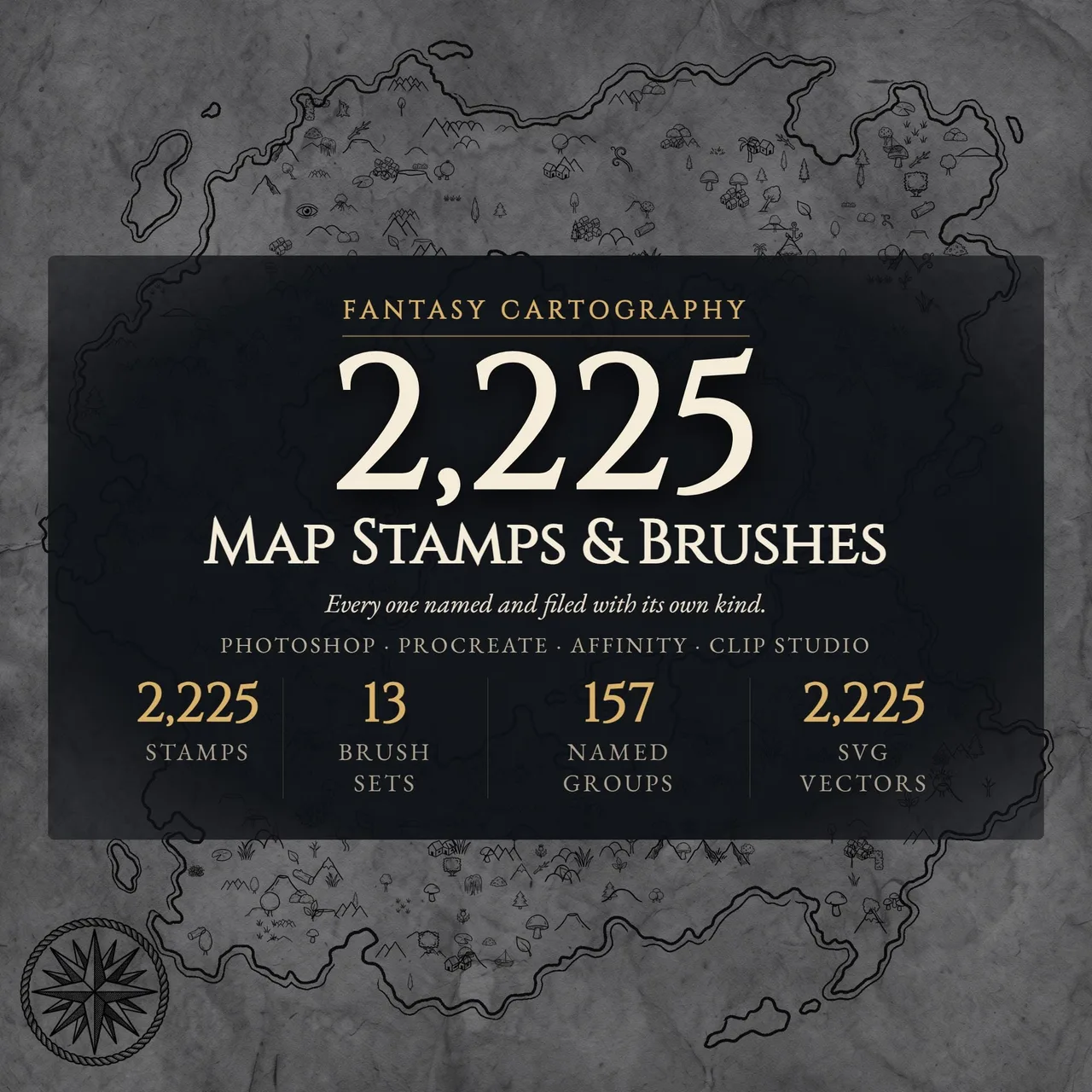 Fantasy map brushes and stamps for Procreate, Photoshop and Affinity with mountains, forests, cities and compass roses