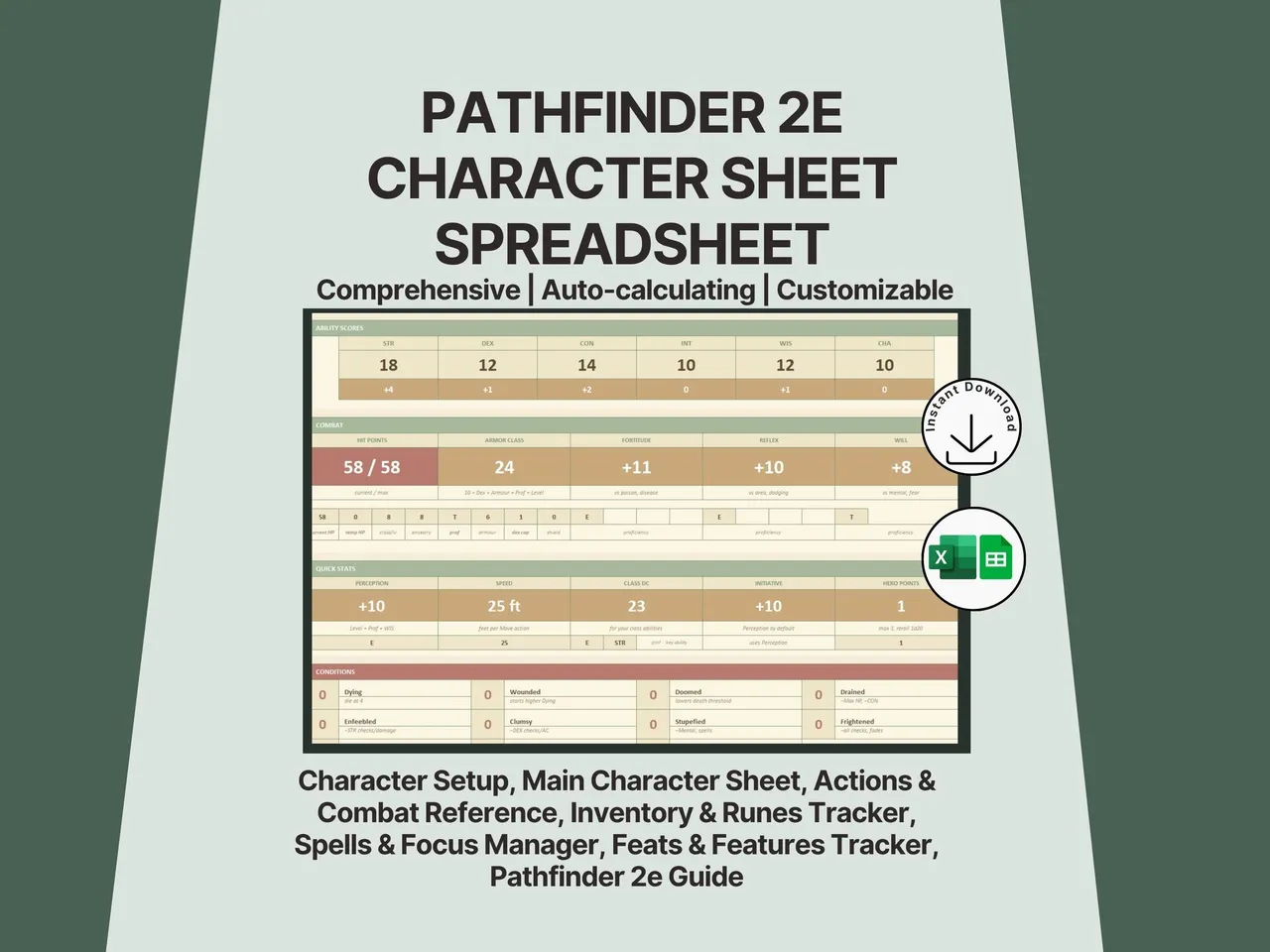 Automated Pathfinder 2e Remaster character sheet spreadsheet